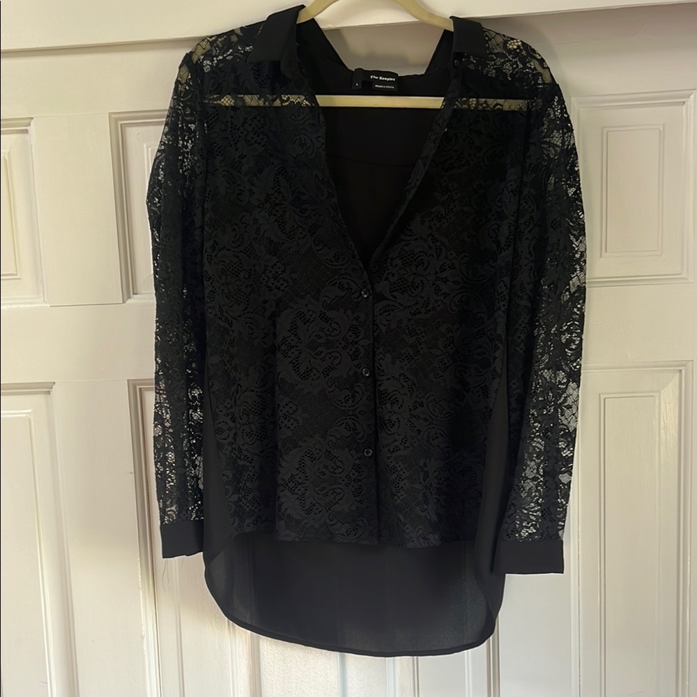 Elegant Black Lace Button-Up Blouse